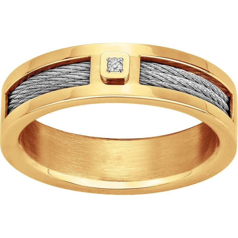 Bague homme en acier inoxydable doré avec câble torsadé blanc et un diamant solitaire de 0,015 carat