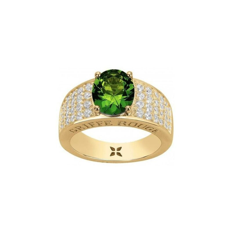 Bague Griffe Rouge plaquée or avec pierre centrale en zircone verte et cristaux blancs pavés sur l'a