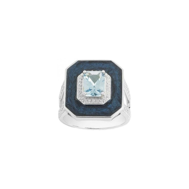 Bague argent 925 finition argent blanc, spinelle bleu topaze taille coussin, halo de zircons et incr