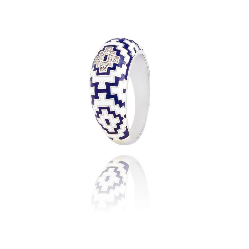 Bague Una Storia Aztec en argent avec mosaïque de laque bleue et blanche et oxydes de zirconium sur 