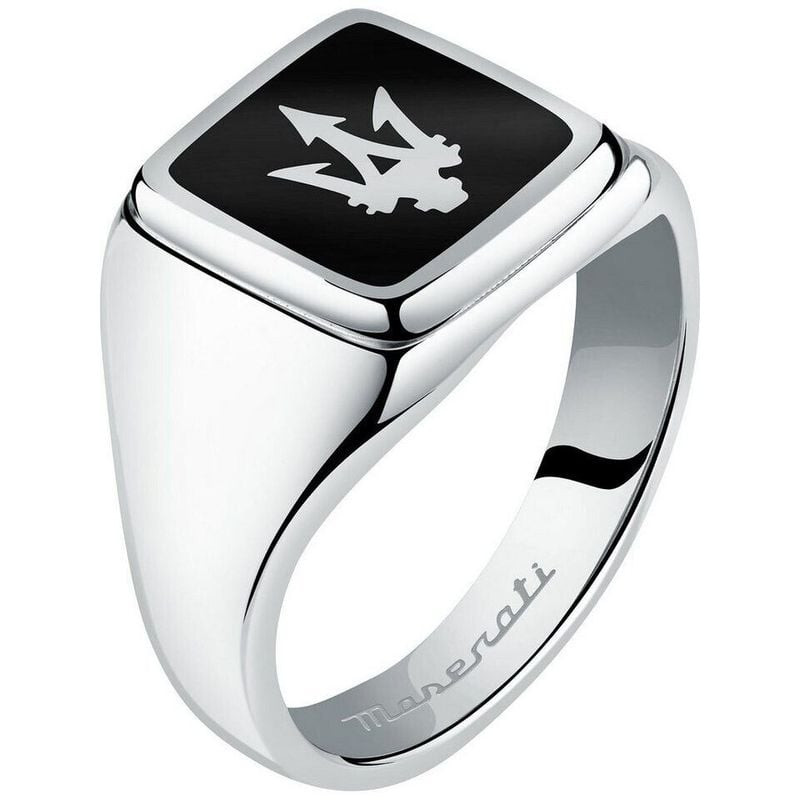 Bague chevalière homme Maserati en acier inoxydable poli, émail noir et logo trident argenté