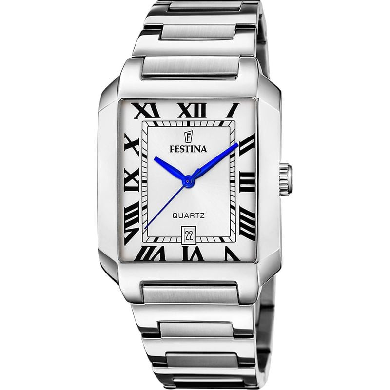 Packshot de la Montre Analogique FESTINA Collection On the Square bracelet acier argenté sur fond bl