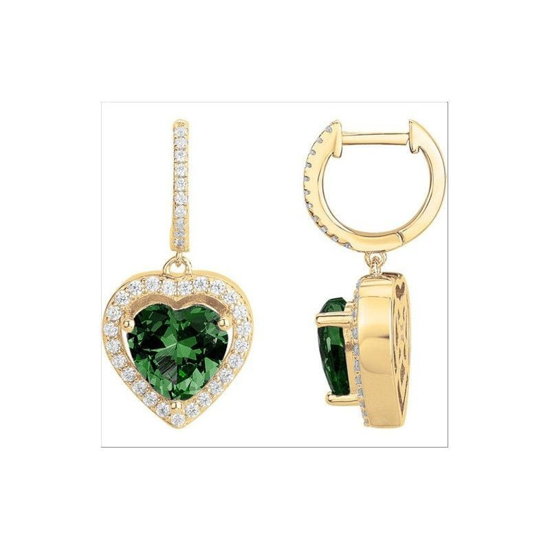 Boucles d'oreilles pendantes plaquées or avec pierre synthétique verte en forme de cœur et halo d'ox