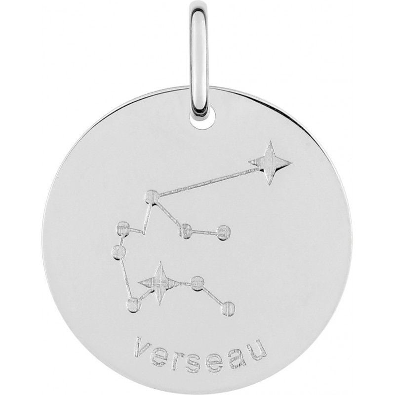 Médaille ronde du zodiaque Verseau en argent 925 rhodié gravée de la constellation du Verseau
