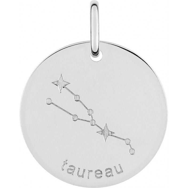 Médaille ronde Zodiaque Taureau en argent 925 rhodié, gravée de la constellation et du taureau