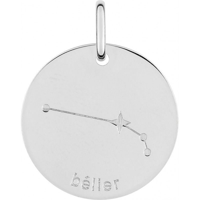Médaille ronde zodiaque Bélier en argent avec constellation gravée et mot 'bélier', finition rhodiée