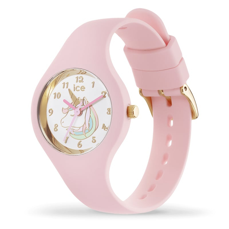 Montre analogique rose Ice Watch Fantasia Licorne avec bracelet en silicone et boucle dorée, cadran 