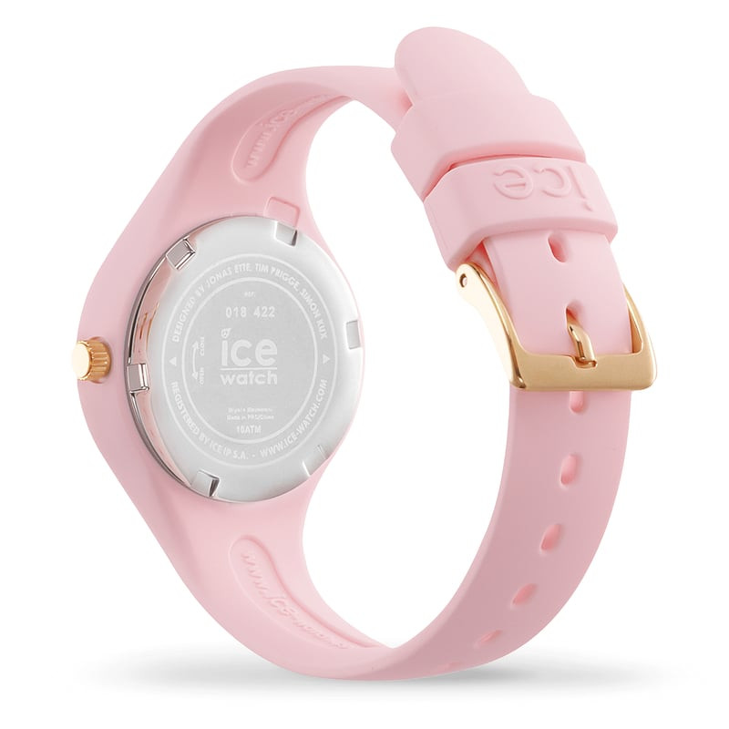 Dessous d'une montre Ice Watch Fantasia Licorne rose, montrant le fond de boîtier en acier inoxydabl