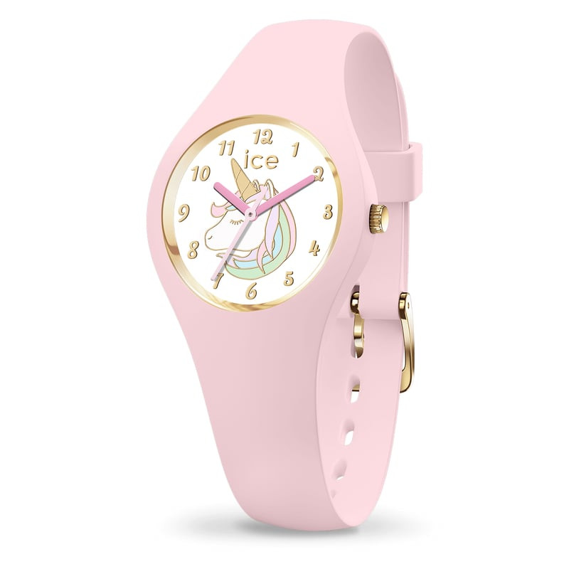 Gros plan sur le cadran de montre analogique Ice Watch Fantasia Licorne rose, avec sa licorne coloré
