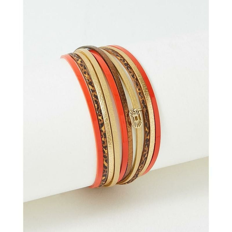 Bracelet Flowersforzoé Malicieux T1 en acier doré et cuir ; multibrins orange, marron et dorés avec 