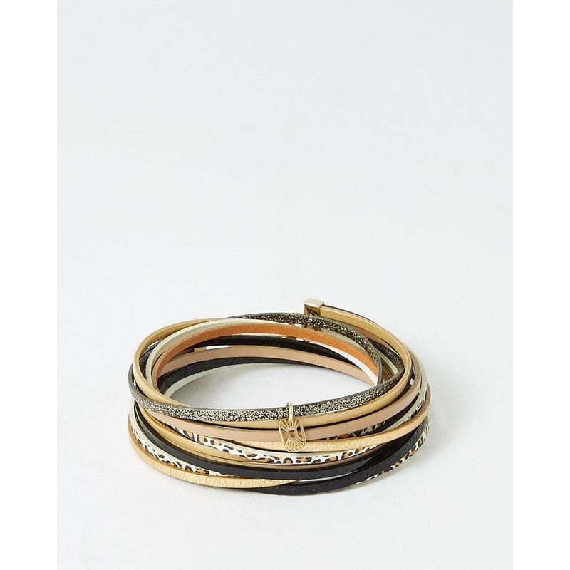 Bracelet multi-tour en cuir imprimé léopard noir, bandes métalliques dorées et fermoir T doré