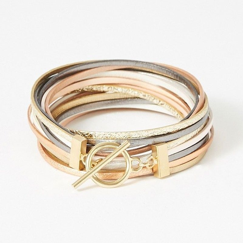 Détail du Bracelet double rangs FLOWERSFORZOE Magnum cuir acier doré, liens texturés et fermoir aima