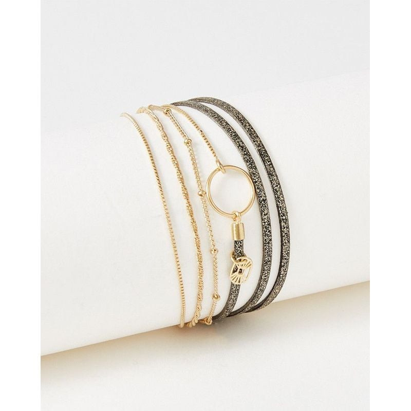 Bracelet Clover Noir Sparkling Flowersforzoé : chaînes dorées et cordons en cuir noir scintillant av