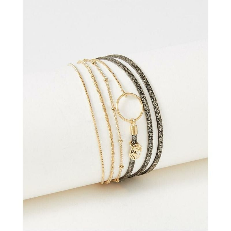 Bracelet Clover Noir Sparkling de Flowers for Zoé avec cordons en cuir noir scintillant et fines cha