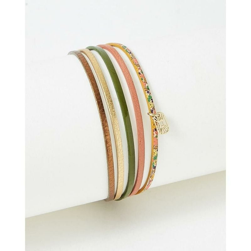 Bracelet souple FlowersforZoé ARTISTE à cinq rangs de cuir marron, doré, vert, rose et imprimé flora