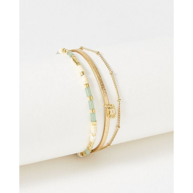 Bracelet FlowersforZoé Appoline en acier doré, cuir et jade, trois rangs de perles et chaîne dorée