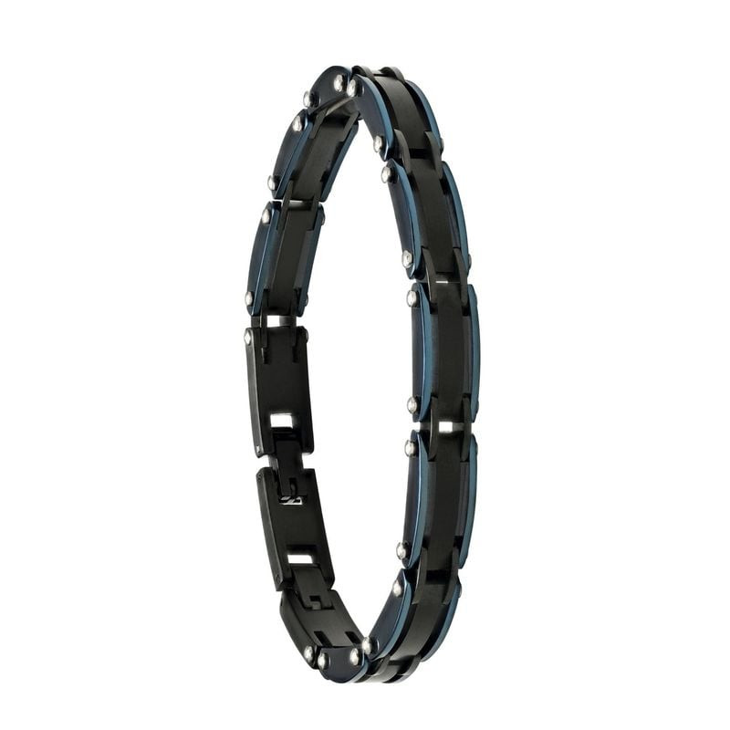 Bracelet homme Jourdan Salto posé en angle, mettant en valeur ses maillons acier bicolores noir et b