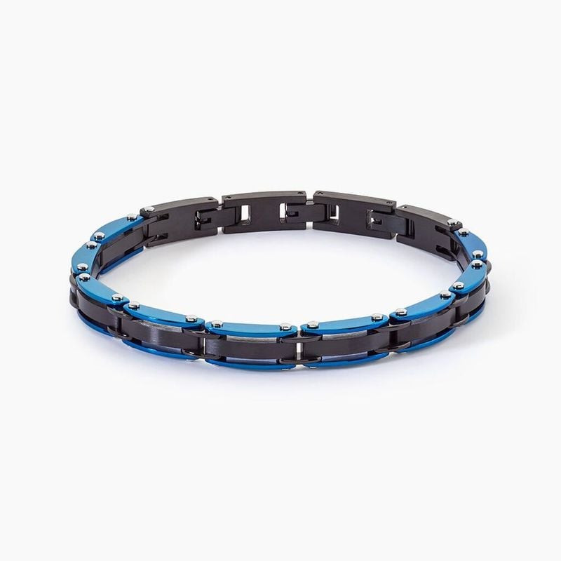 Bracelet homme Jourdan Salto à plat, maillons alternés en acier inoxydable noir et bleu, vis argenté