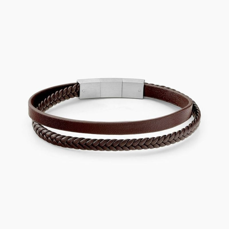 Bracelet homme Jourdan double rang en cuir de vachette marron et acier inoxydable avec fermoir recta
