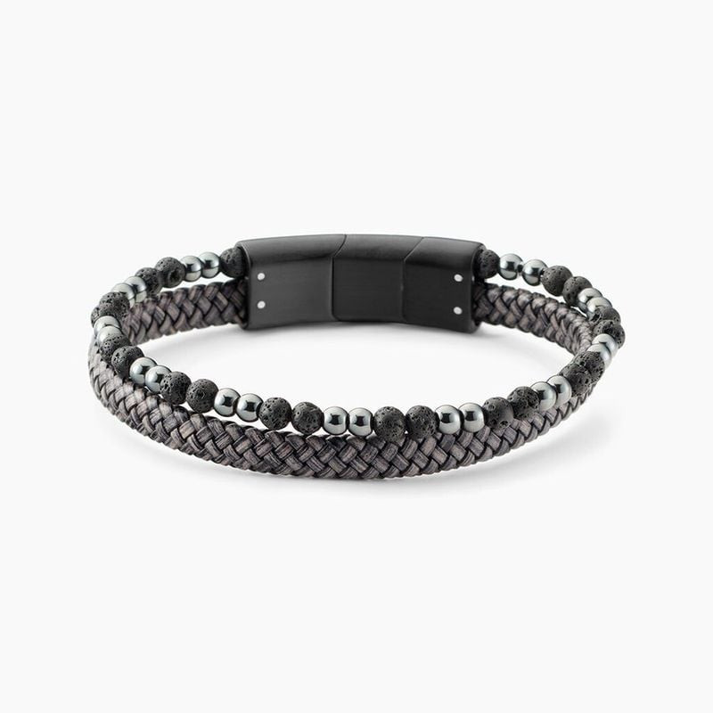 Bracelet homme double rang Jourdan en cuir gris tressé, acier PVD noir, hématite et pierre de lave