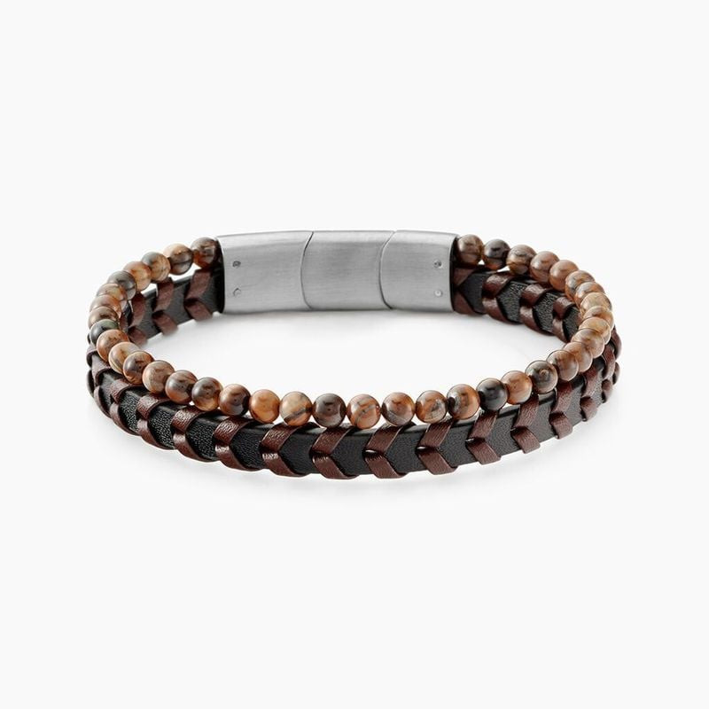 Bracelet homme Jourdan en cuir tressé marron et noir, fermoir en acier brossé et rangée de perles œi