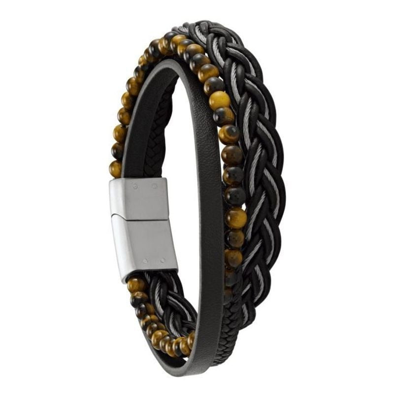 Bracelet Hercule homme Jourdan Bijoux en cuir marron, fermoir acier, perles pierres naturelles brune