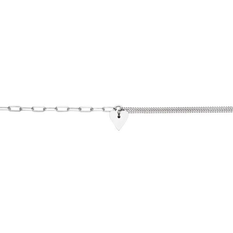 Bracelet en argent massif 925 avec motif cœur et chaîne double mailles sur fond blanc