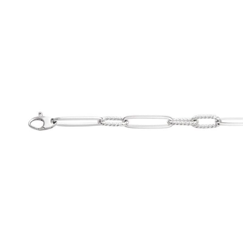Bracelet en argent 925 rhodié à maillons rectangulaires creux alternant textures lisses et godronnée