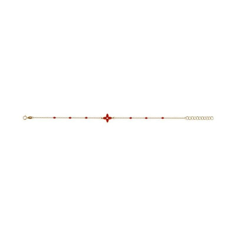 Bracelet Caplain Saint André or jaune 18 carats, fleur 4 pétales émail rouge et billes rouges chaîne