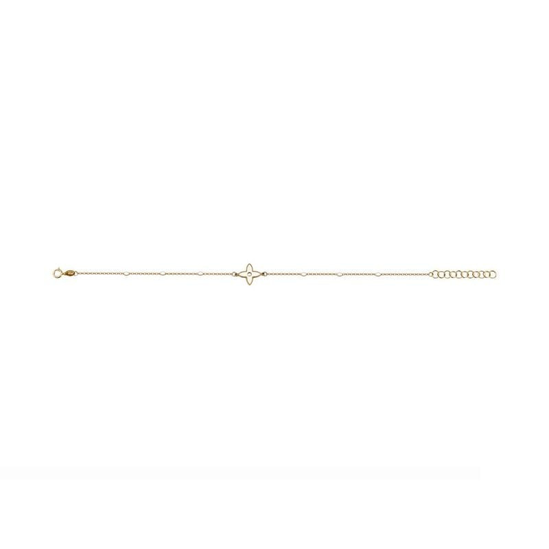 Bracelet en or jaune 18 carats, motif fleur à quatre pétales et boules en résine blanche sur chaîne 
