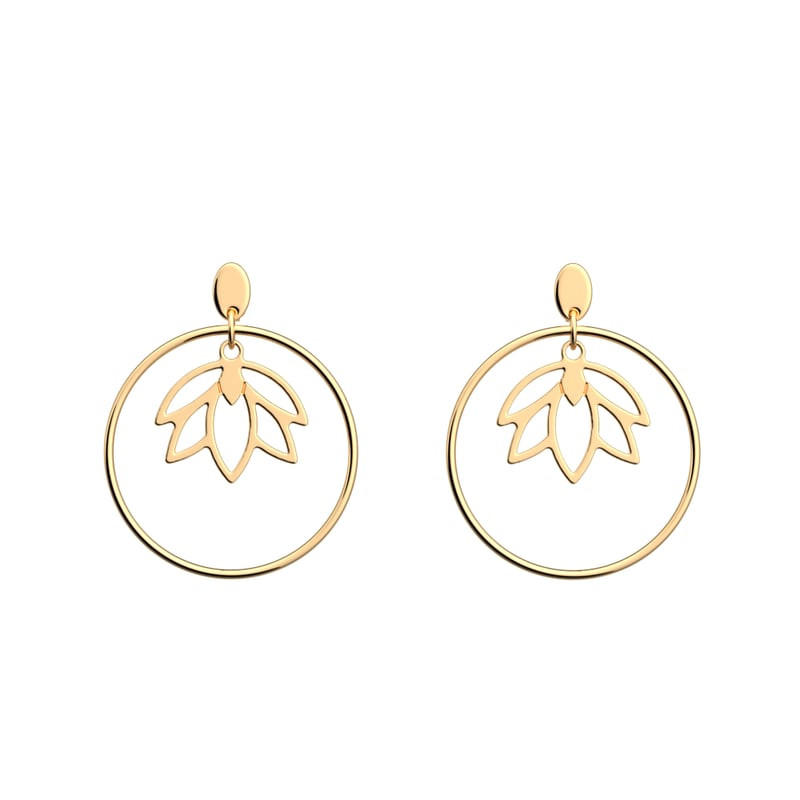 Paire de boucles d'oreilles créoles Les Georgettes Lotus dorées avec pendentif lotus ajouré sur fond