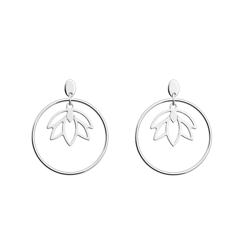 Boucles d'oreilles pendantes Les Georgettes Lotus argentées, motif lotus ajouré dans un anneau de 20