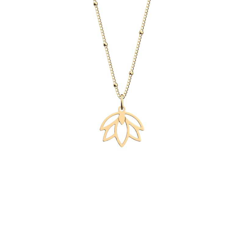 Collier Les Georgettes Lotus en laiton doré, pendentif lotus ajouré sur une fine chaîne perlée