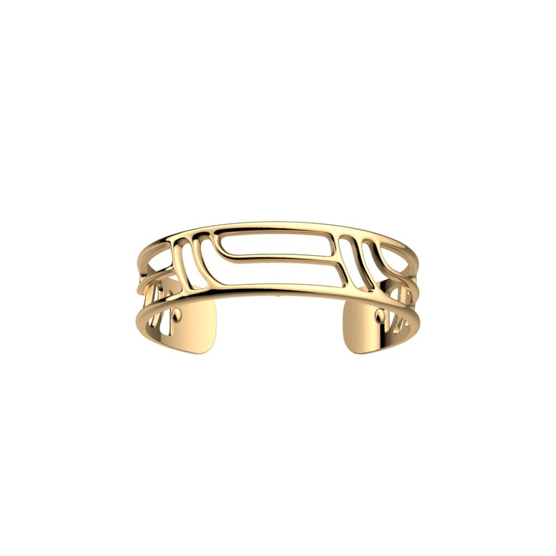 Bracelet manchette Les Georgettes Moderne en laiton doré poli, design géométrique ajouré, vue de fac