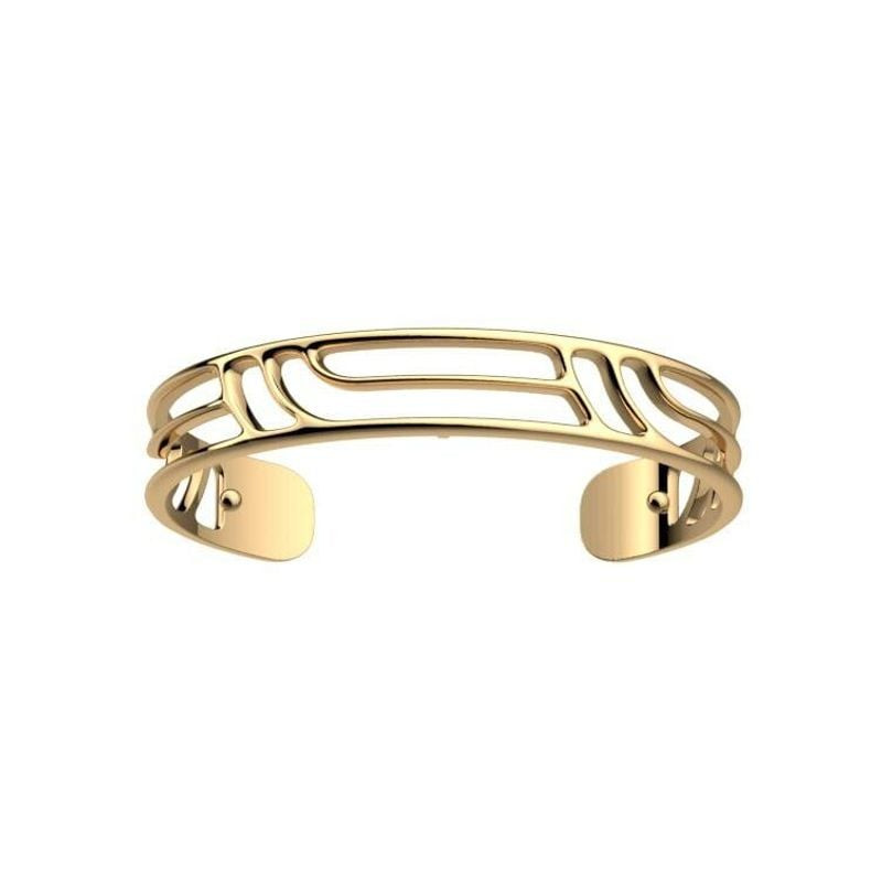 Vue inclinée du bracelet manchette Les Georgettes Moderne doré montrant l'arrière ouvert en laiton e