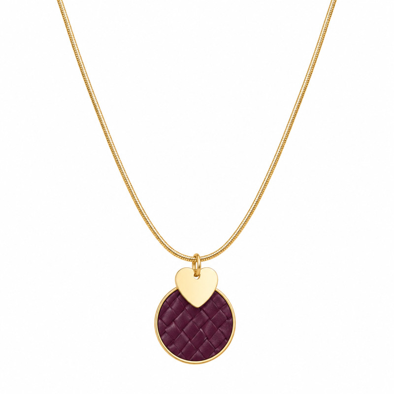 Collier Cécile Léonard Créa Cœur Pampilles Cuir Bordeaux et Acier Doré