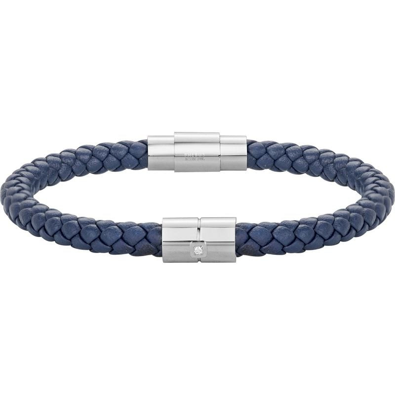 Bracelet Phebus en cuir bleu tressé et acier inoxydable, fermoir magnétique, photo produit sur fond 
