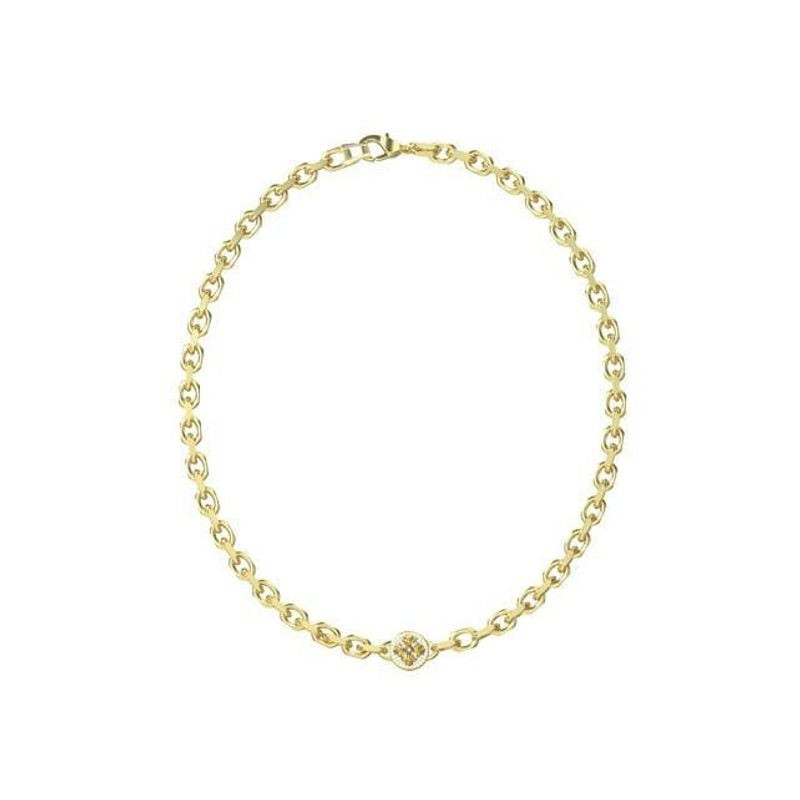 Collier en acier inoxydable doré disposé en forme ovale, avec chaîne à maillons rolo et breloque log
