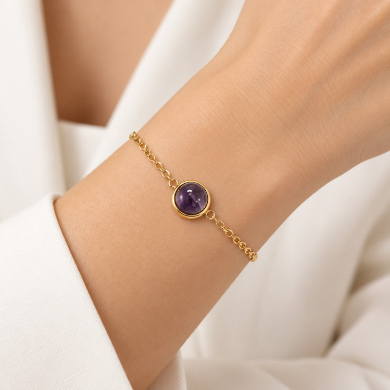 Bracelet Amporelle Cabochon Améthyste en Acier Doré