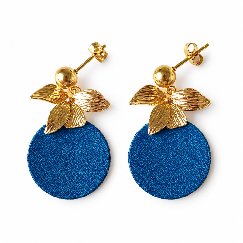 Boucles d'Oreilles Cécile Leonard Créa Bouquet de Feuilles Cuir Bleu et Doré