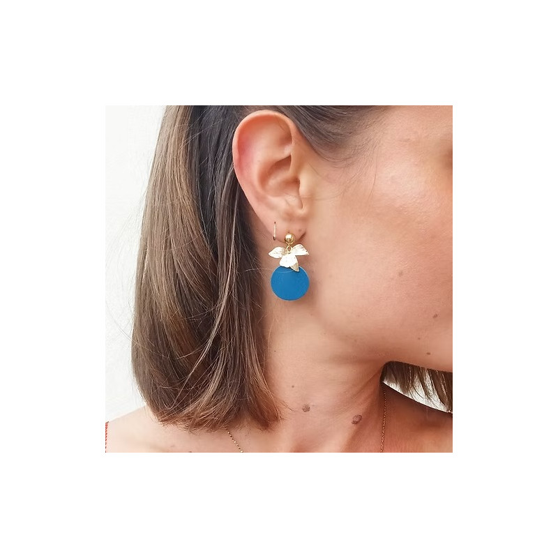 Boucles d'Oreilles Cécile Leonard Créa Bouquet de Feuilles Cuir Bleu et Doré