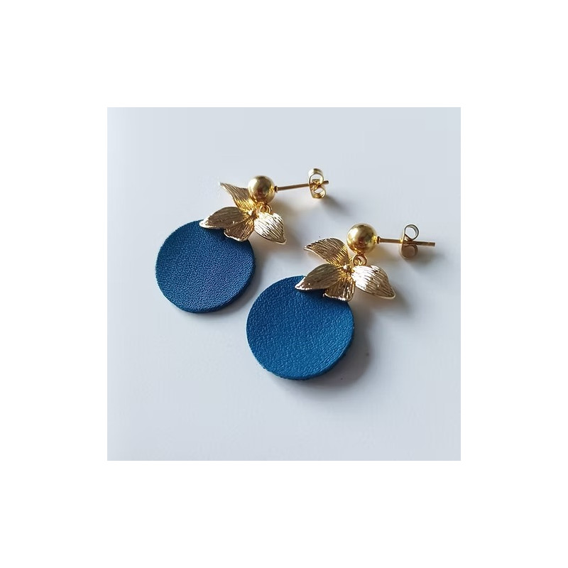 Boucles d'Oreilles Cécile Leonard Créa Bouquet de Feuilles Cuir Bleu et Doré