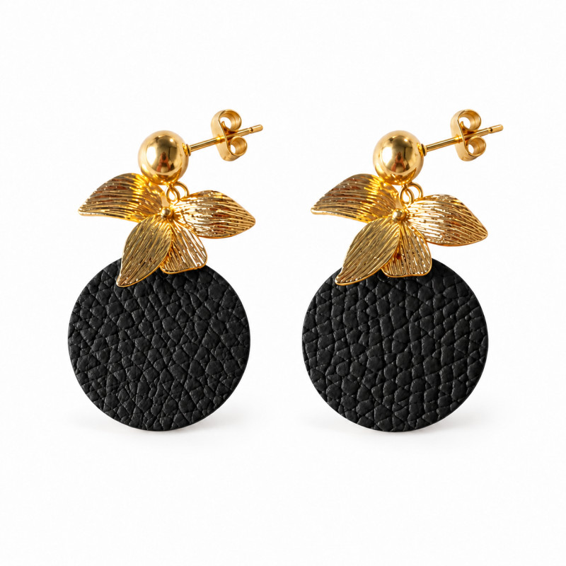 Boucles d'oreilles Pendantes Cécile Léonard Créa Bouquet de Feuilles Cuir Noir et Doré
