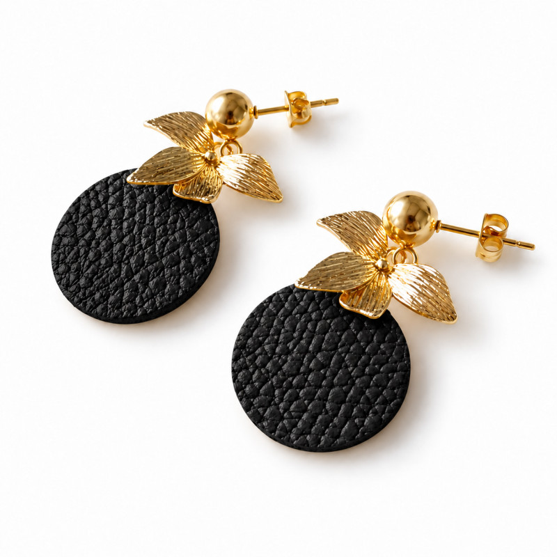 Boucles d'oreilles Pendantes Cécile Léonard Créa Bouquet de Feuilles Cuir Noir et Doré