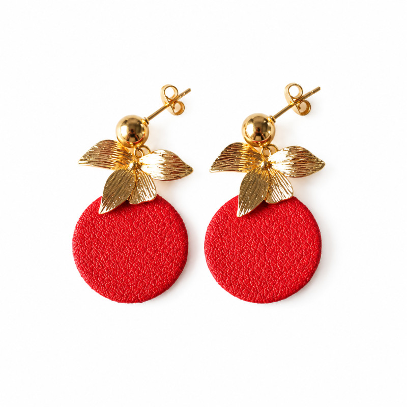 Boucles d'oreilles Pendantes Cécile Léonard Créa Bouquet de Feuilles Cuir Rouge et Doré