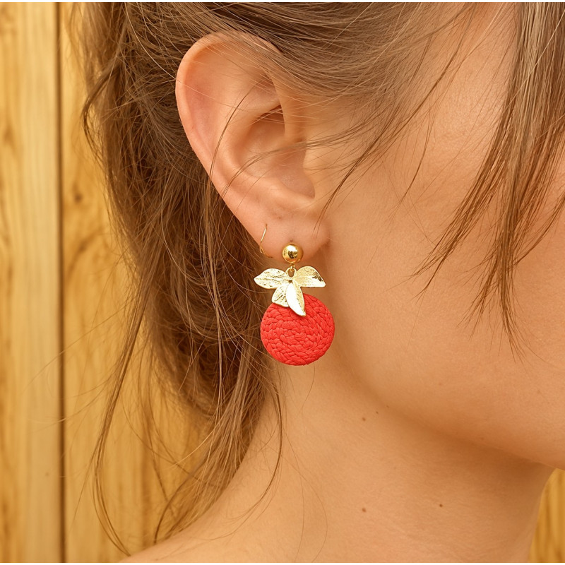 Boucles d'oreilles Pendantes Cécile Léonard Créa Bouquet de Feuilles Cuir Rouge et Doré