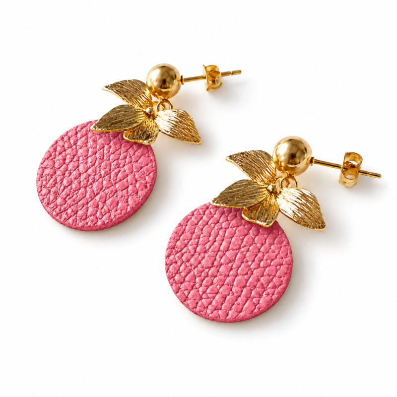 Boucles d'oreilles Cécile Léonard Créa Bouquet de Feuilles Cuir Rose Doré
