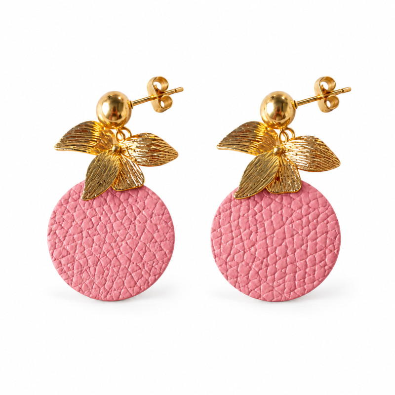 Boucles d'oreilles Cécile Léonard Créa Bouquet de Feuilles Cuir Rose Doré
