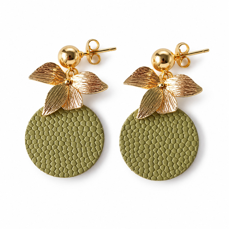 Boucles d'Oreilles Cécile Léonard Créa Bouquet De Feuilles Cuir Vert Et Doré