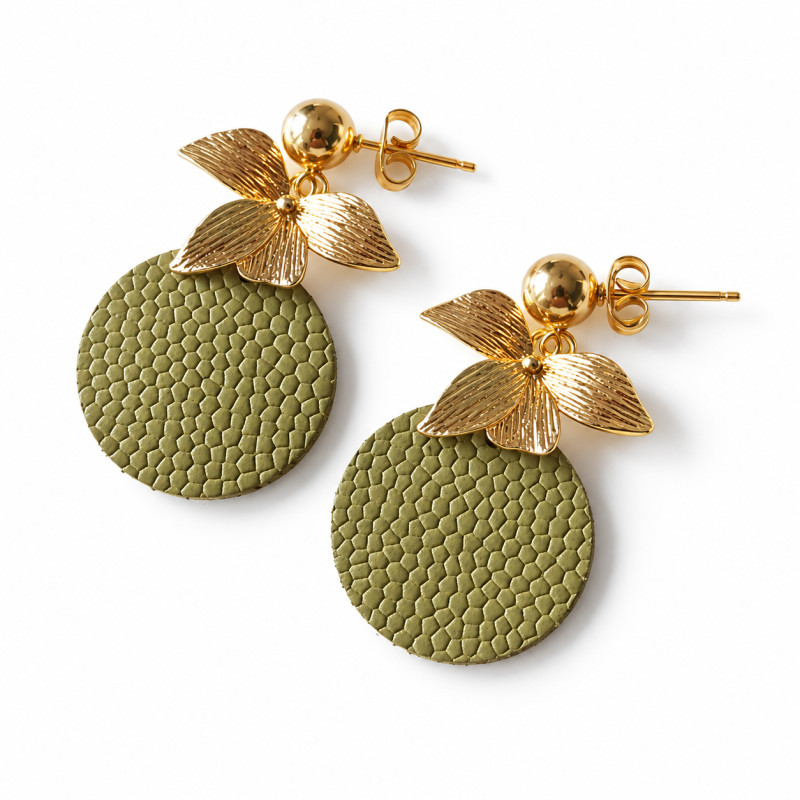 Boucles d'Oreilles Cécile Léonard Créa Bouquet De Feuilles Cuir Vert Et Doré